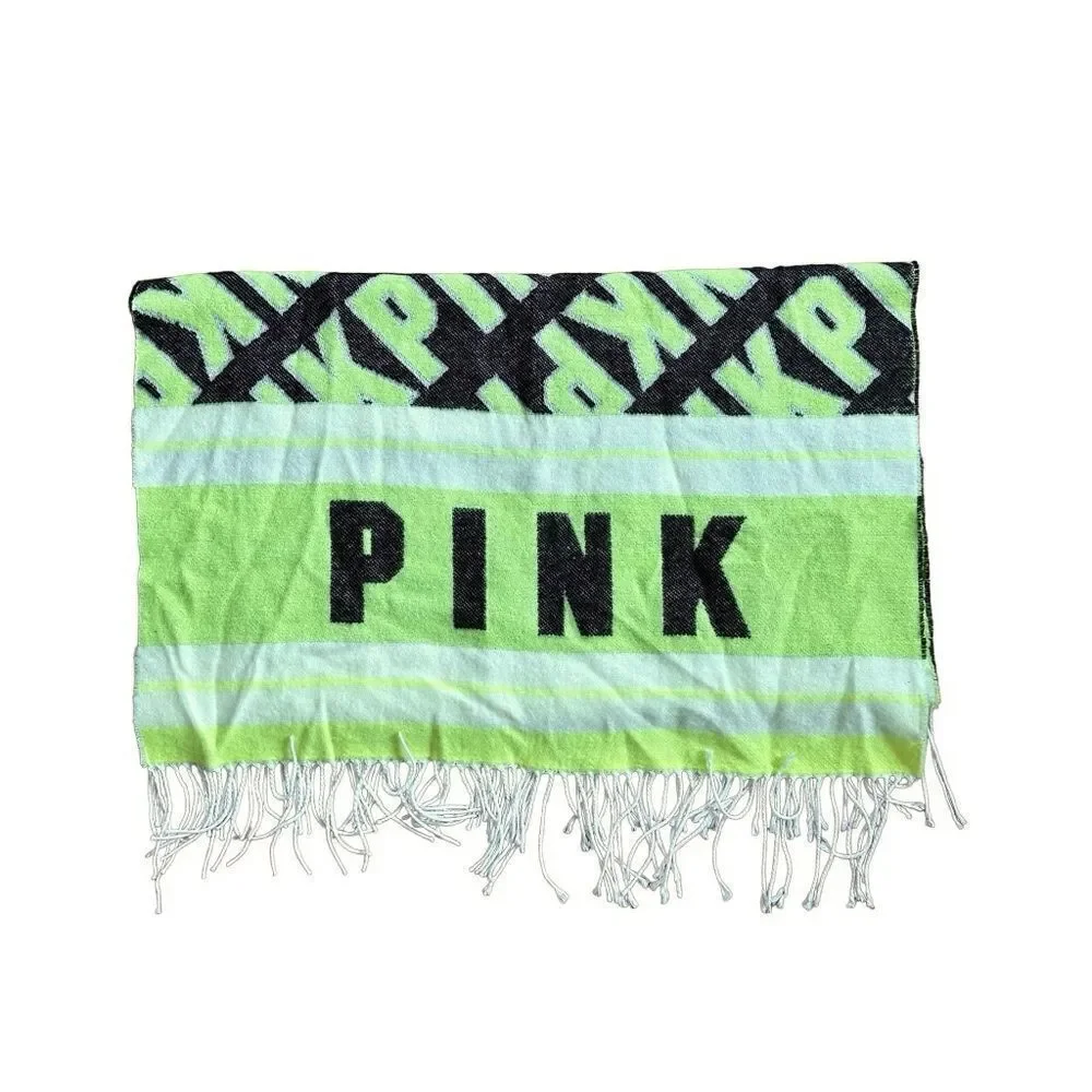 Victoria's Secret PINK Oversized Neon Green Black Logo Reversible Blanket Scarf